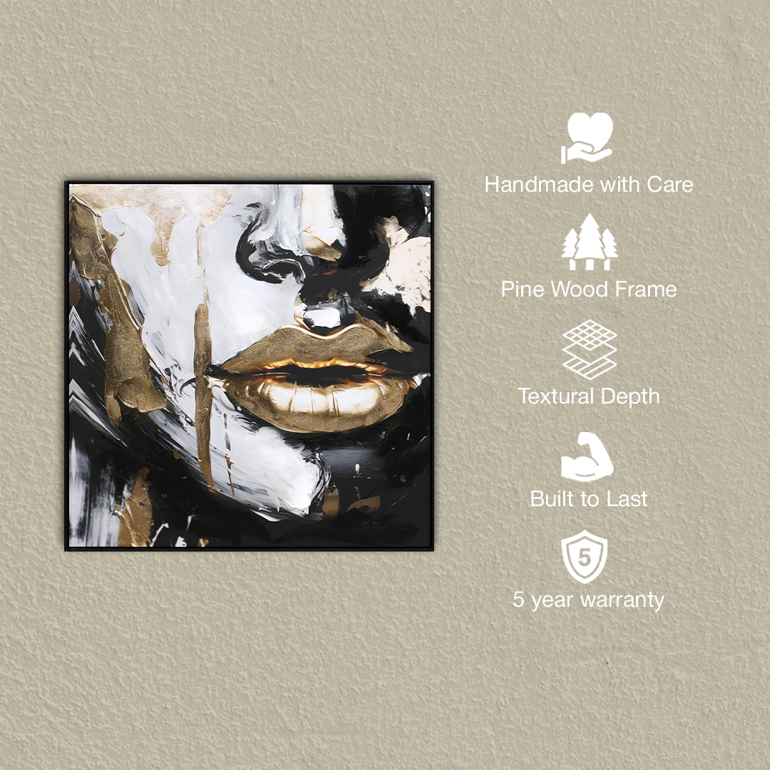 Golden Whisper Lips Handmade Textured Wall Painting