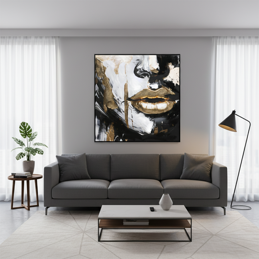 Golden Whisper Lips Handmade Textured Wall Painting