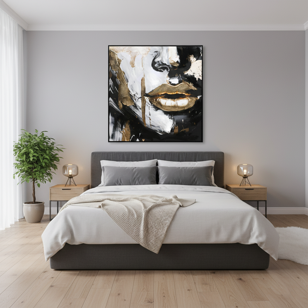 Golden Whisper Lips Handmade Textured Wall Painting