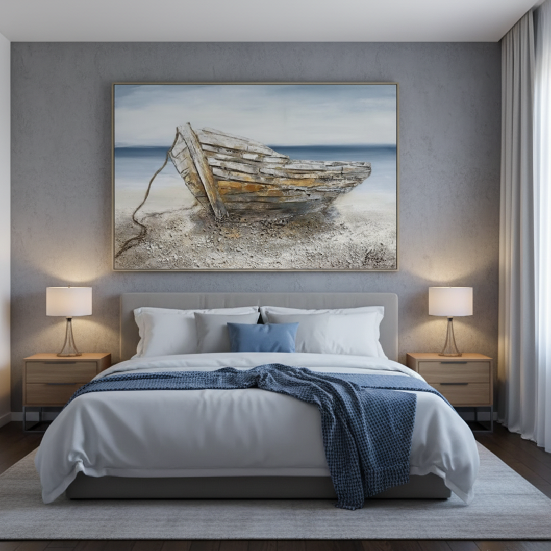 Modern bedroom with a bed, nightstands, and a large framed picture of a boat on the wall.