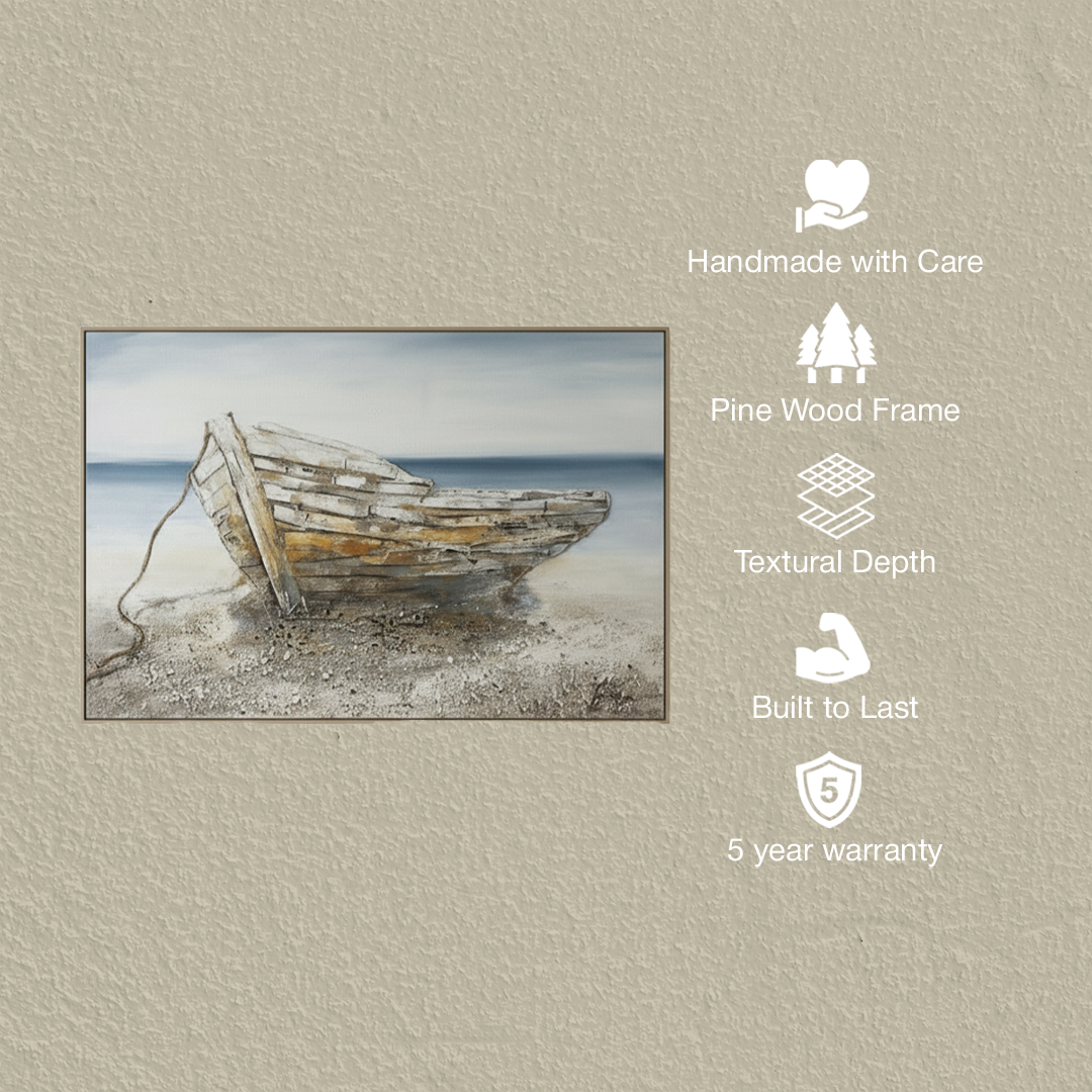 Wooden boat on a beach with product features listed on a textured beige background