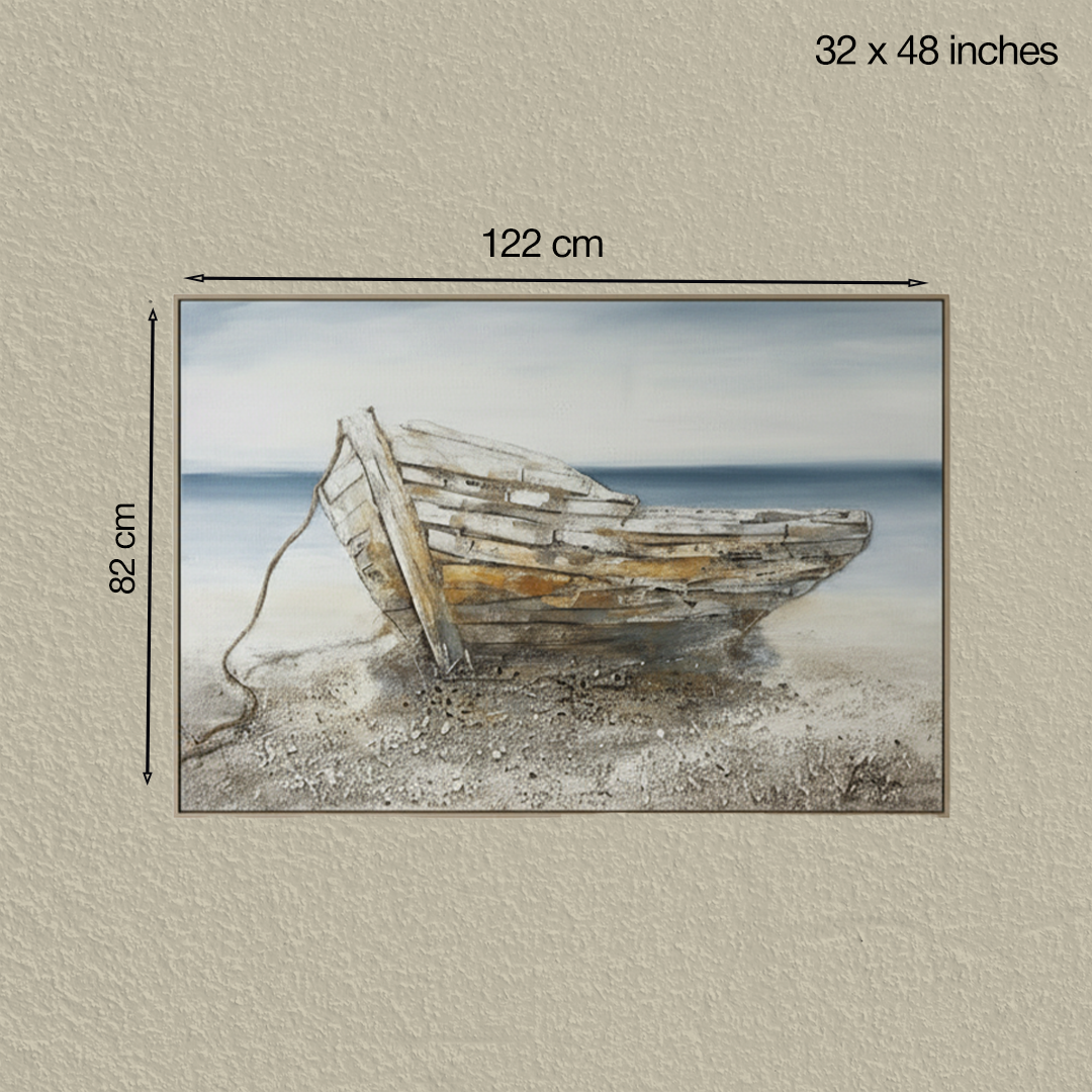 Wooden boat on a beach with dimensions displayed