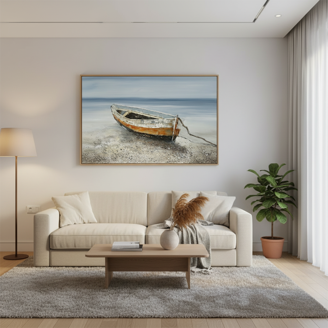 Living room with a beige sofa, wooden coffee table, and framed artwork of a boat on a beach.