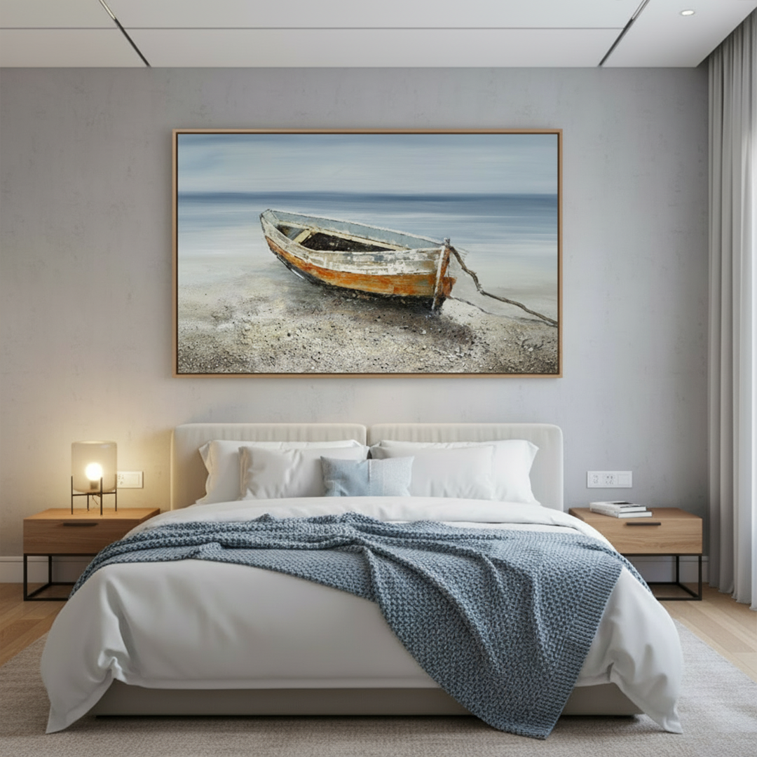 Bedroom with a painting of a boat on the wall above the bed