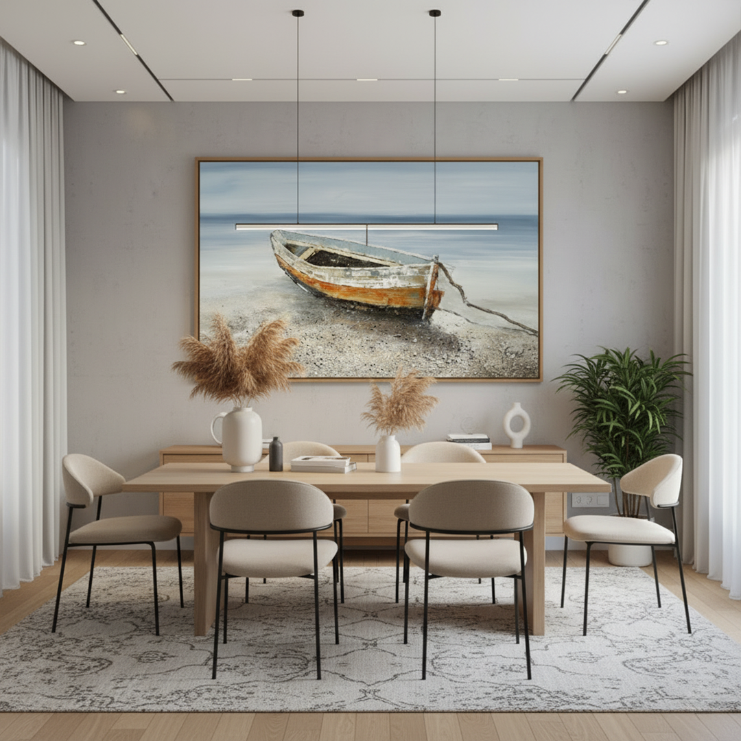 Dining room with a boat painting on the wall, table, and chairs.
