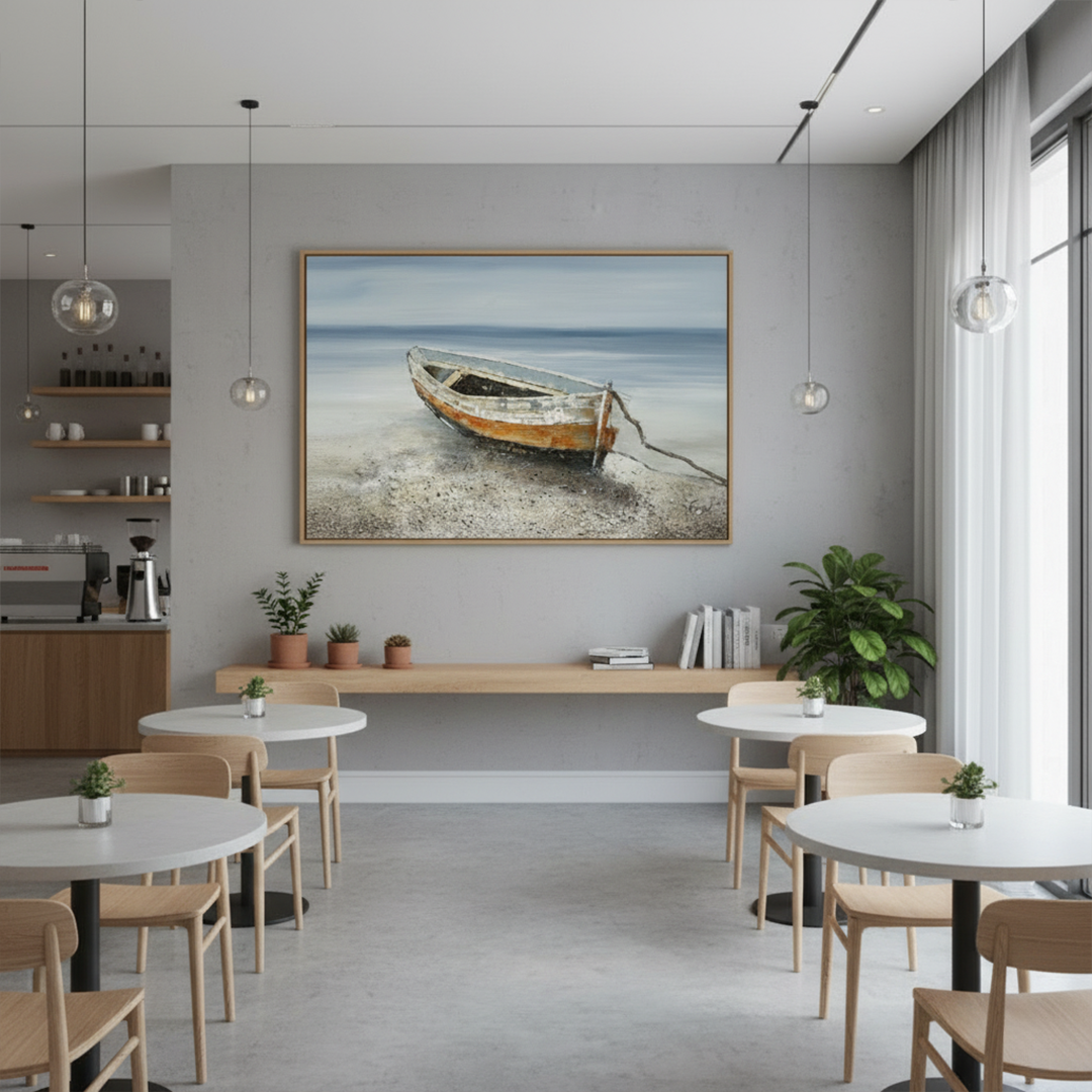 Modern interior with round tables, chairs, and a large framed picture of a boat on the wall.