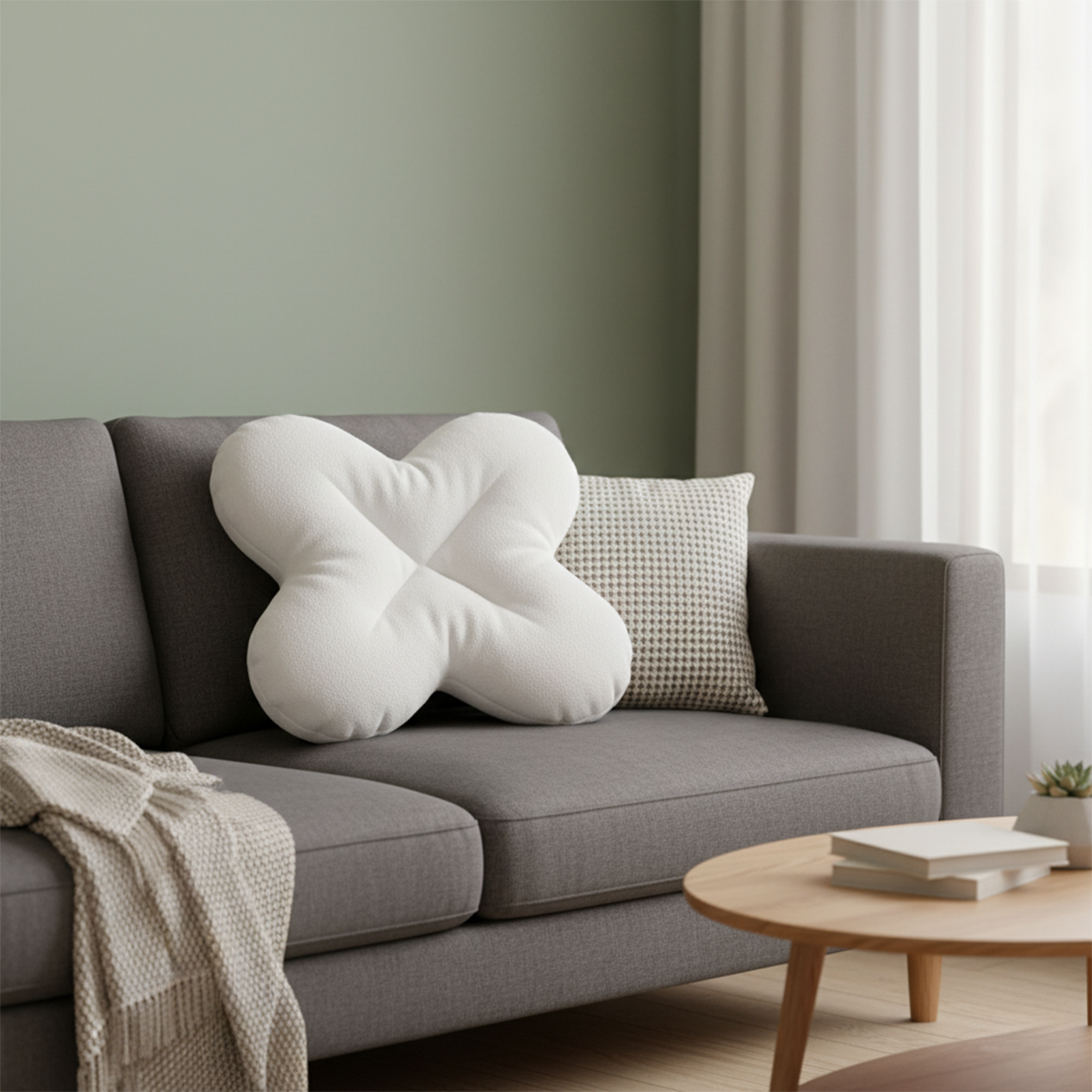 Gray sofa with decorative pillows in a living room setting