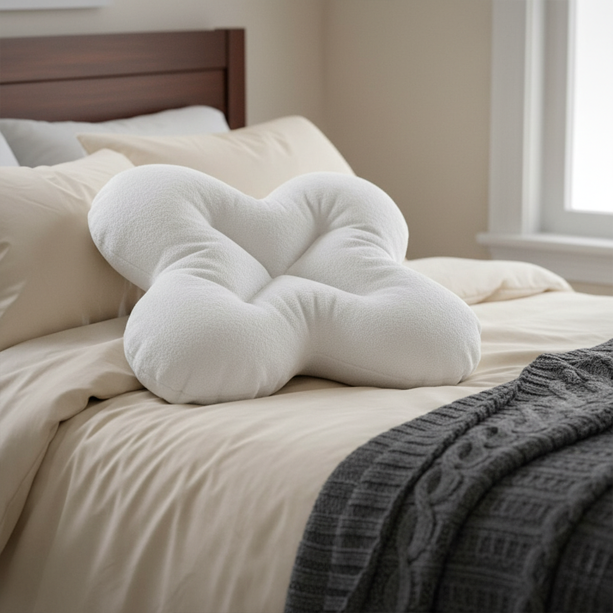 White U-shaped pillow on a bed with beige sheets and a gray blanket.