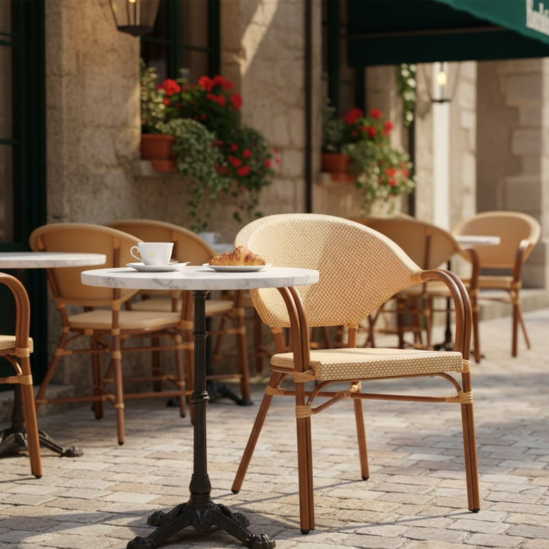 Outdoor cafe setting with tables and chairs on a stone pavement.