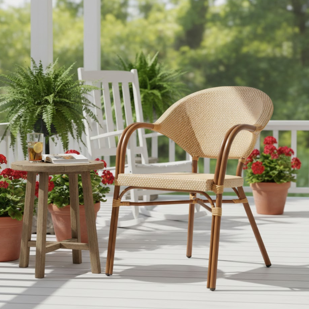 Wicker chair and table set on a patio with potted plants