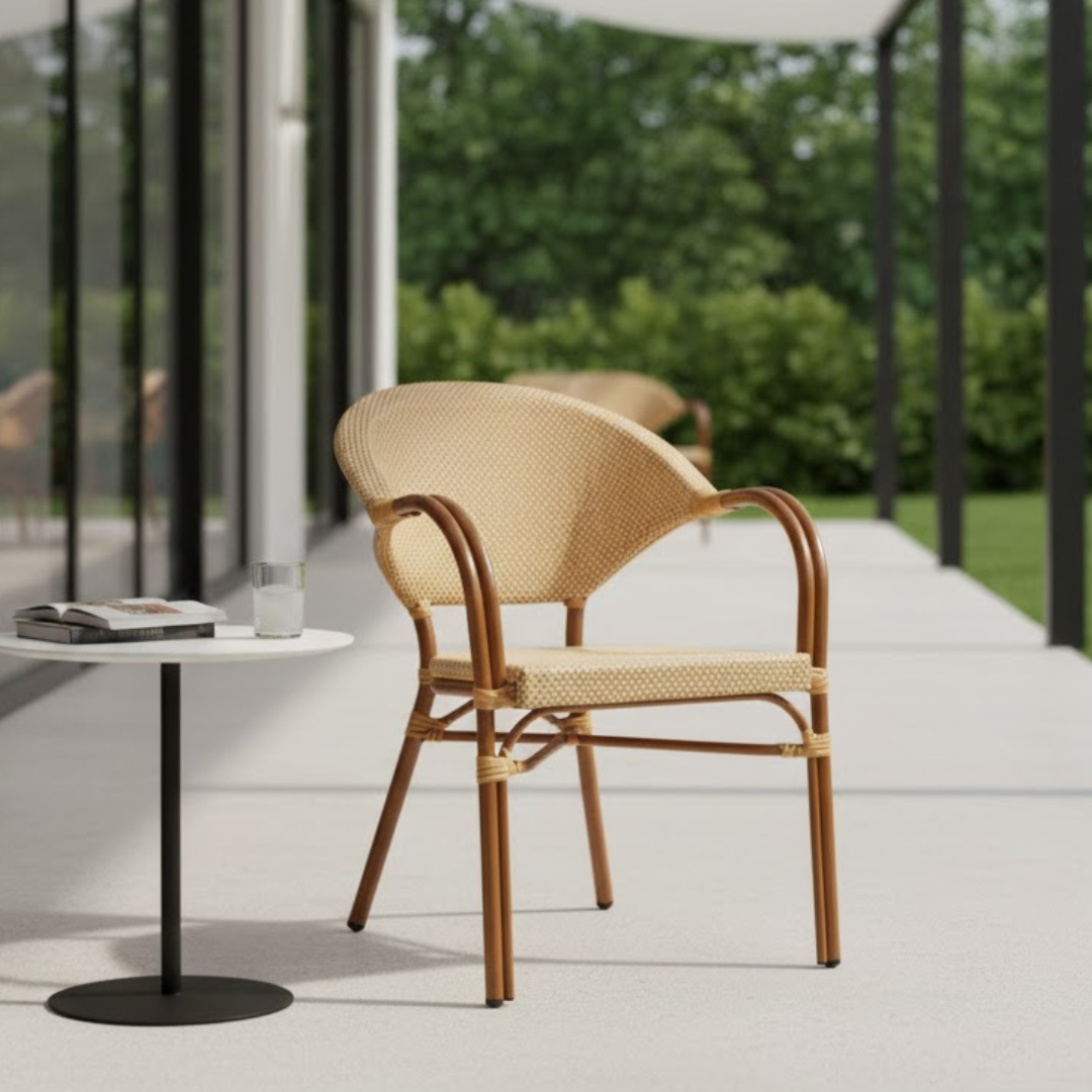 Wicker chair on a patio with a small table and glass of water