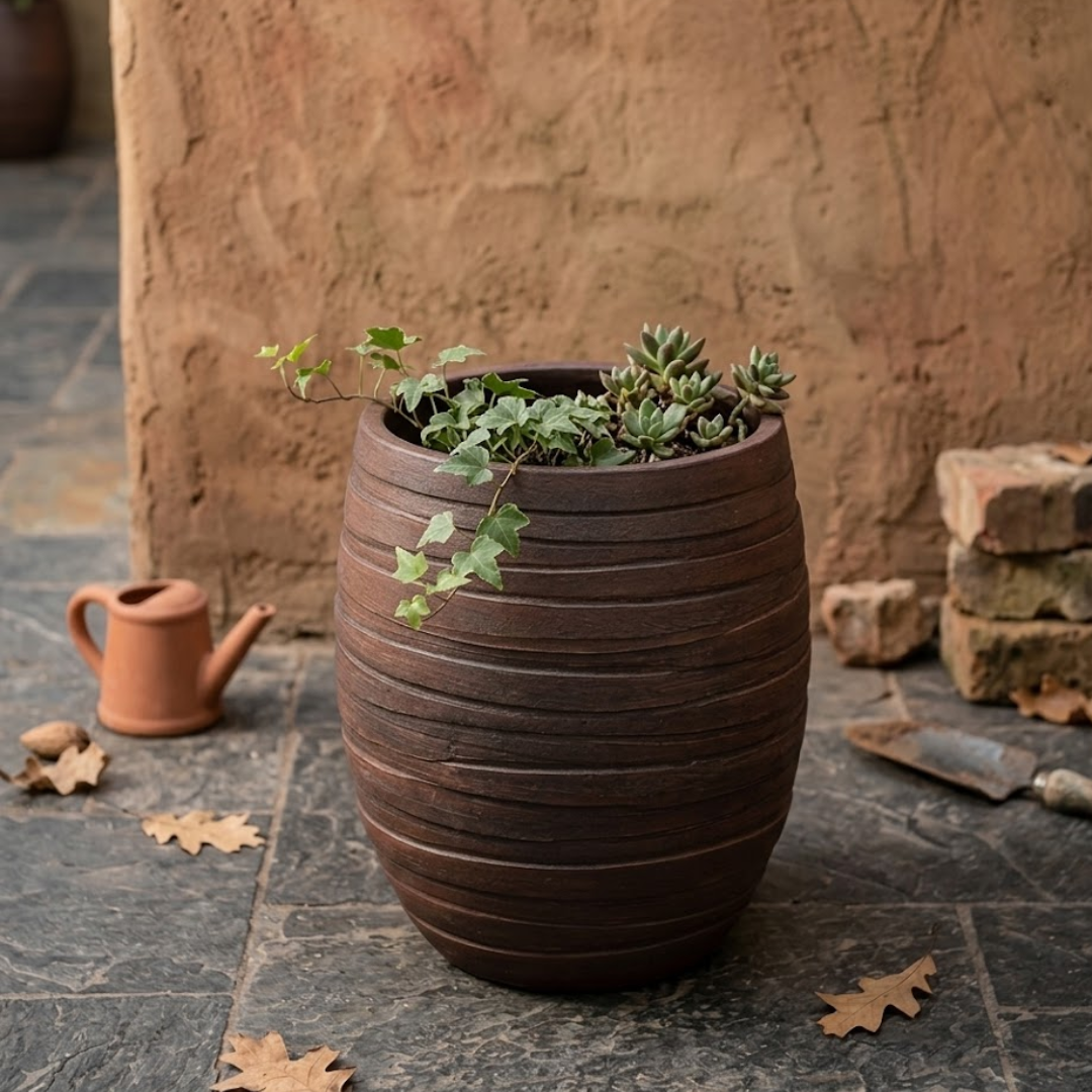 large boho plant pots Terra Ribbed Barrel Planter | Rustic Textured Planter for Modern Homes