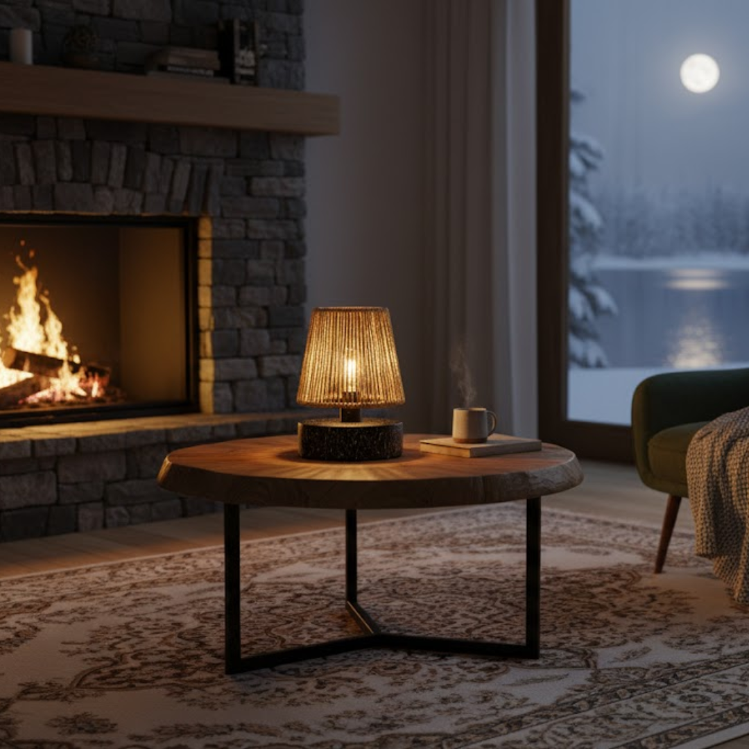 Cozy living room with fireplace, table lamp, and view of snow outside.