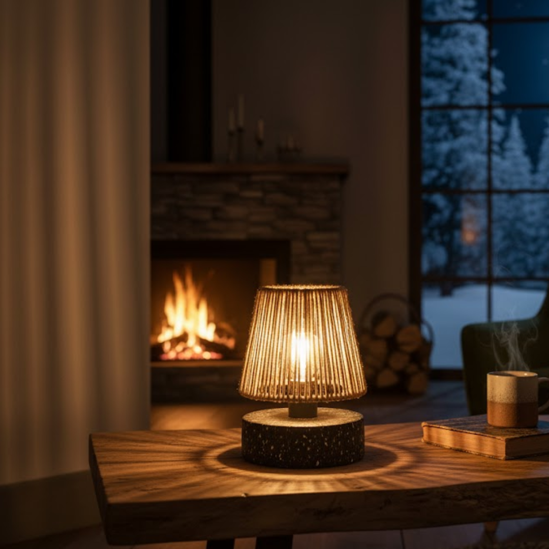 Cozy living room with a lit fireplace, wooden table, and lamp.