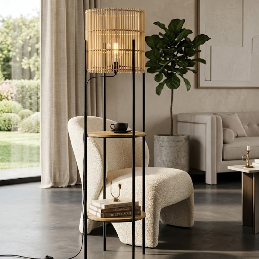 Zenora Glow Floor Lamp with Wooden Shelves