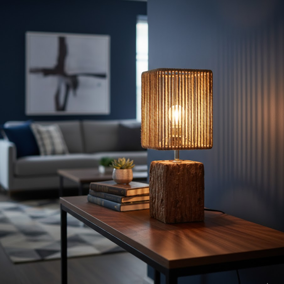 Wooden table lamp on a coffee table in a living room setting