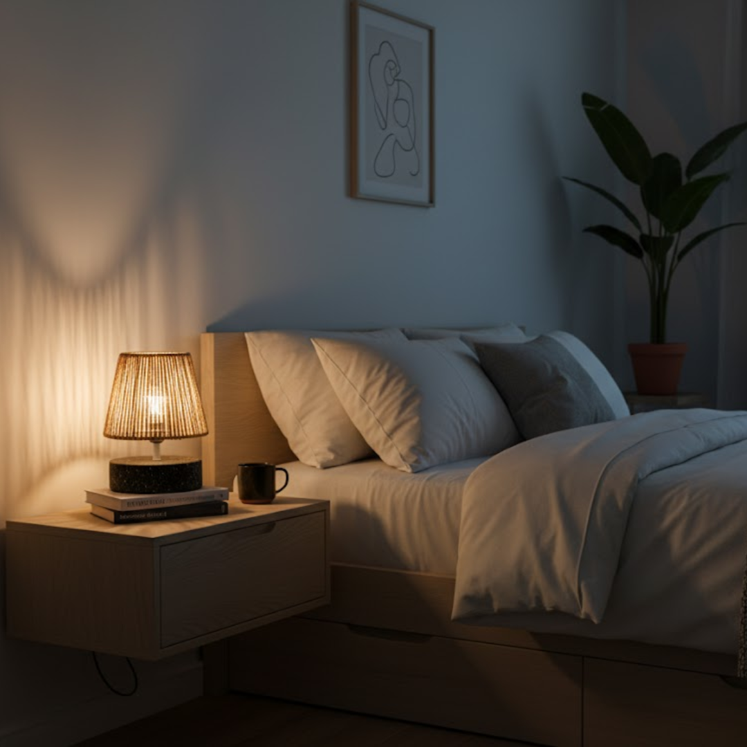 Cozy bedroom with a bed, nightstand, and lamp in a dimly lit room.