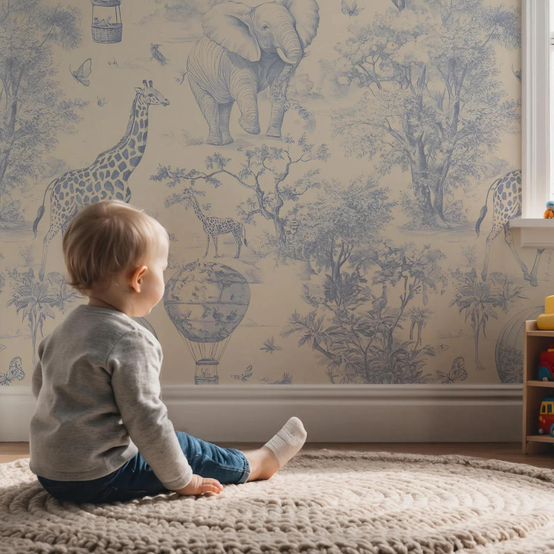 Azure Safari Toile Kids Wallpaper