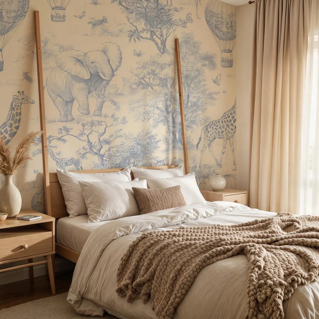 Azure Safari Toile Kids Wallpaper