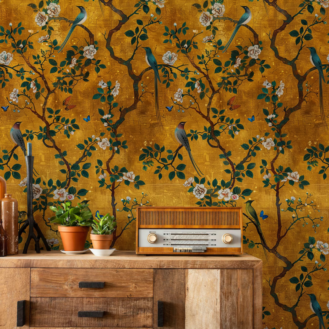 Golden Garden Birds Botanical Wallpaper