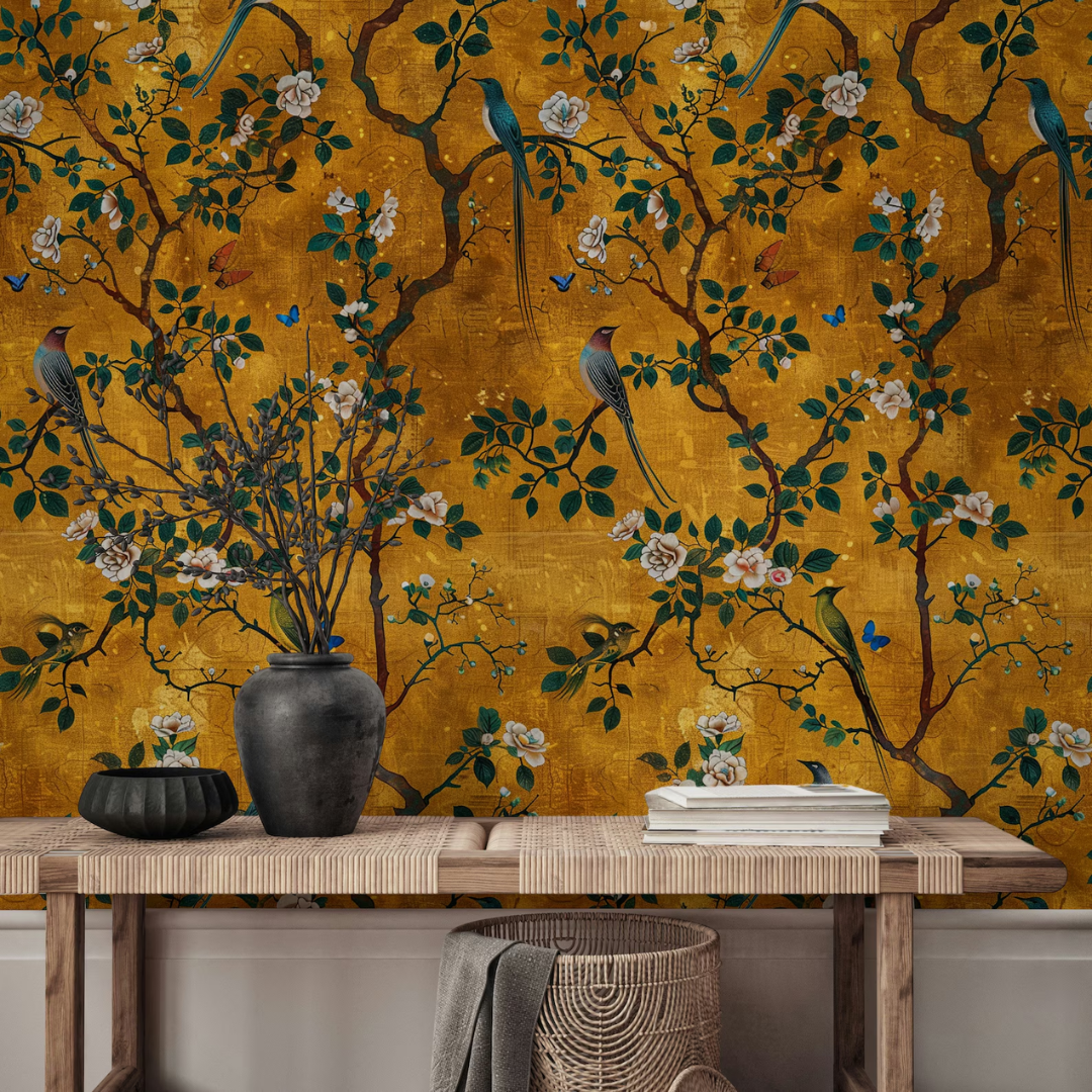 Golden Garden Birds Botanical Wallpaper