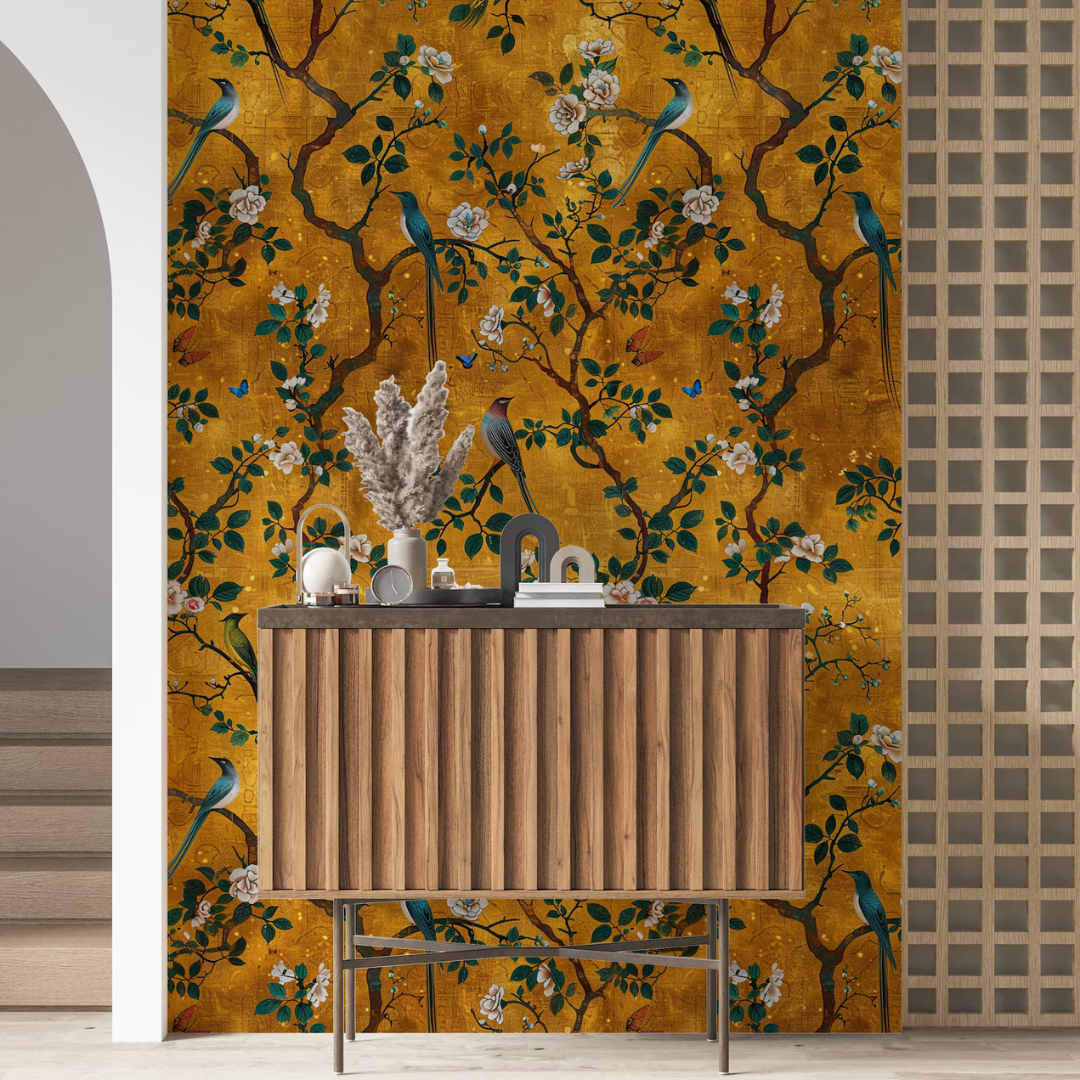 Golden Garden Birds Botanical Wallpaper