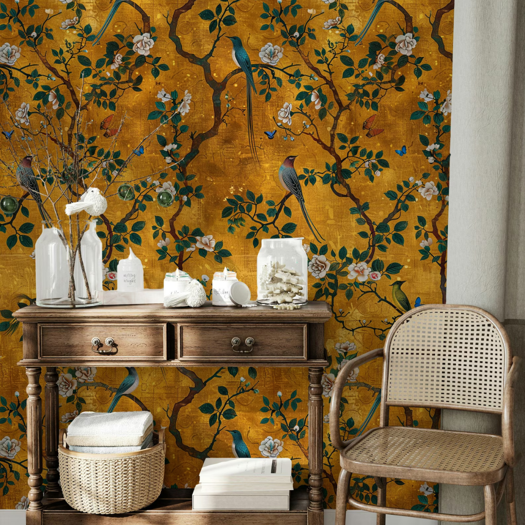 Golden Garden Birds Botanical Wallpaper