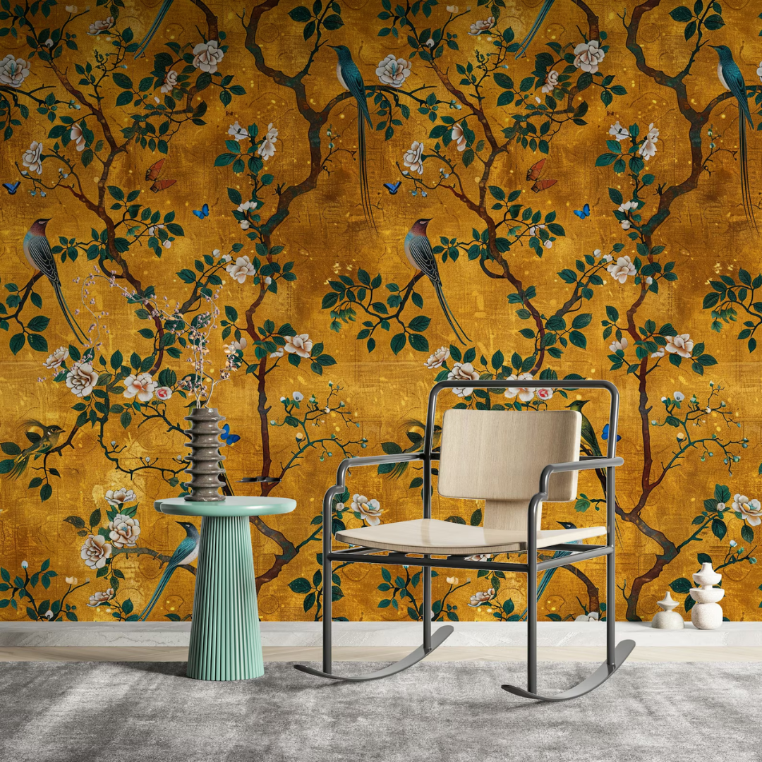 Golden Garden Birds Botanical Wallpaper
