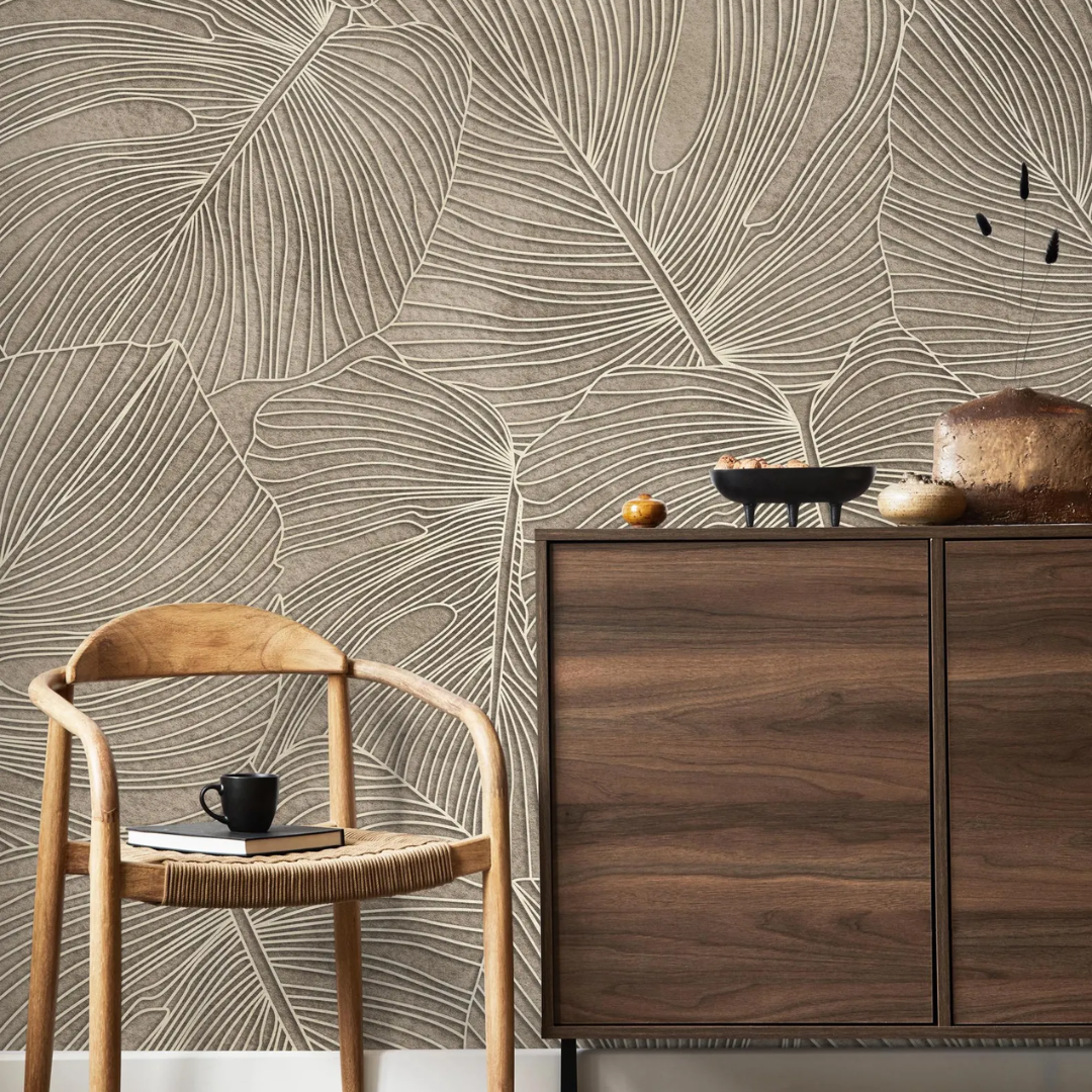 Beige Botanical Leaf Texture Wallpaper