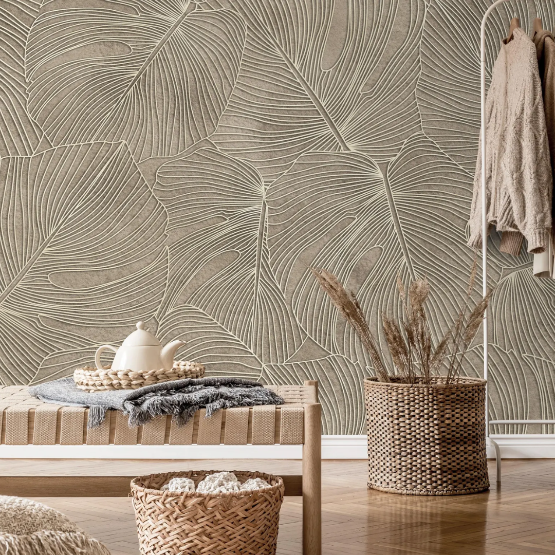 Beige Botanical Leaf Texture Wallpaper