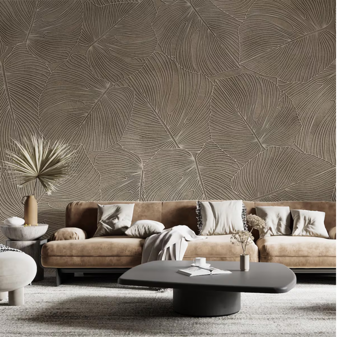 Beige Botanical Leaf Texture Wallpaper