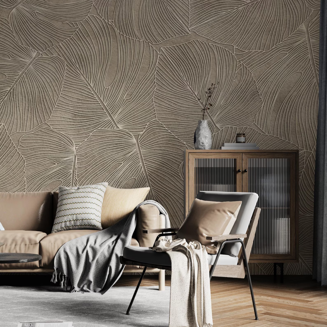 Beige Botanical Leaf Texture Wallpaper