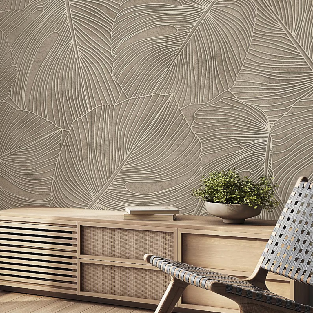Beige Botanical Leaf Texture Wallpaper