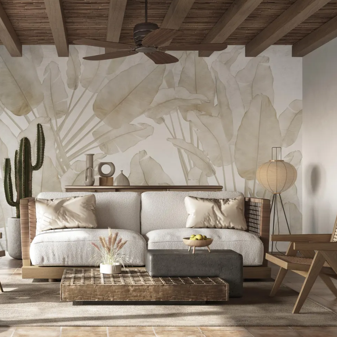 Tropical Beige Banana Leaf Wallpaper