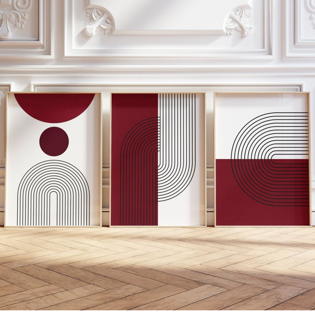 Burgundy Arch Abstract Digital Wall Painting (Set of 3)