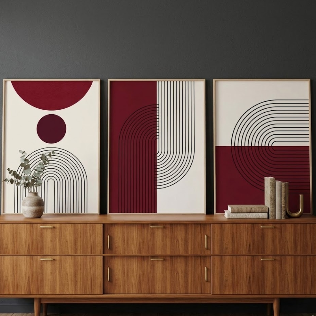 Burgundy Arch Abstract Digital Wall Painting (Set of 3)