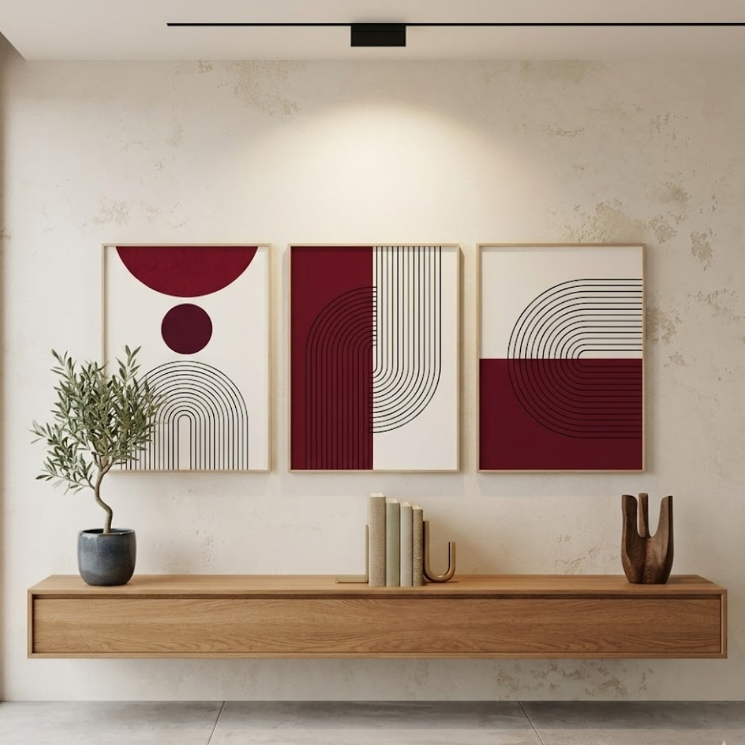 Burgundy Arch Abstract Digital Wall Painting (Set of 3)
