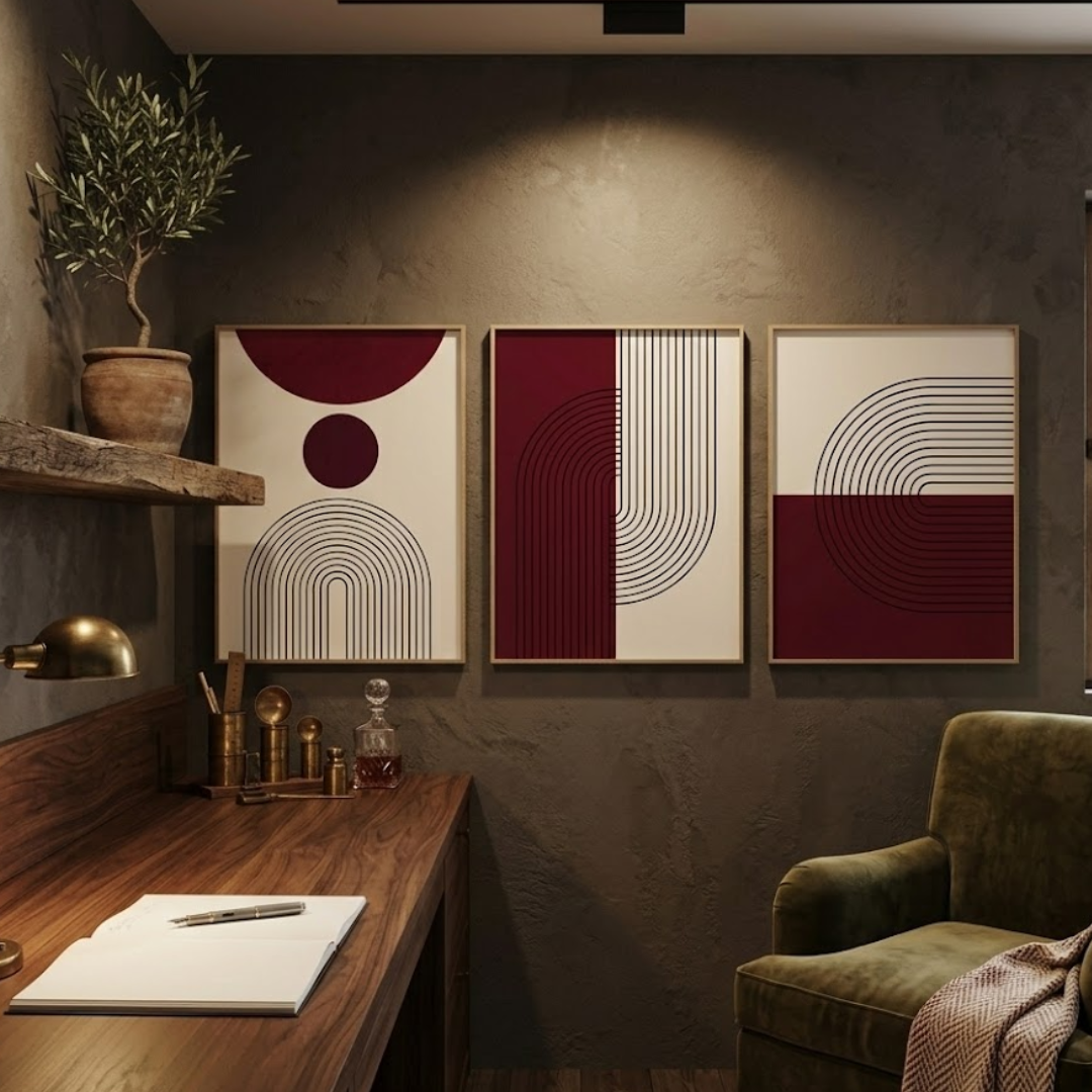 Burgundy Arch Abstract Digital Wall Painting (Set of 3)