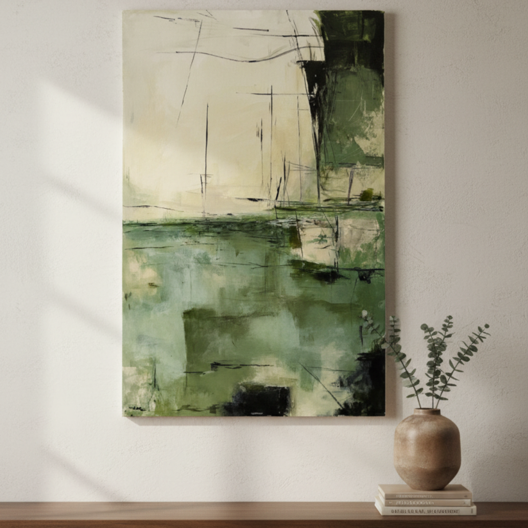 Abstract green painting on a wall with a vase and plant below.