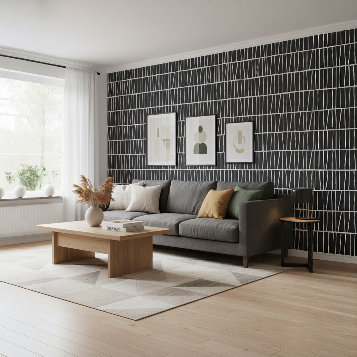 Modern living room with a gray sofa, wooden coffee table, and decorative wall art.