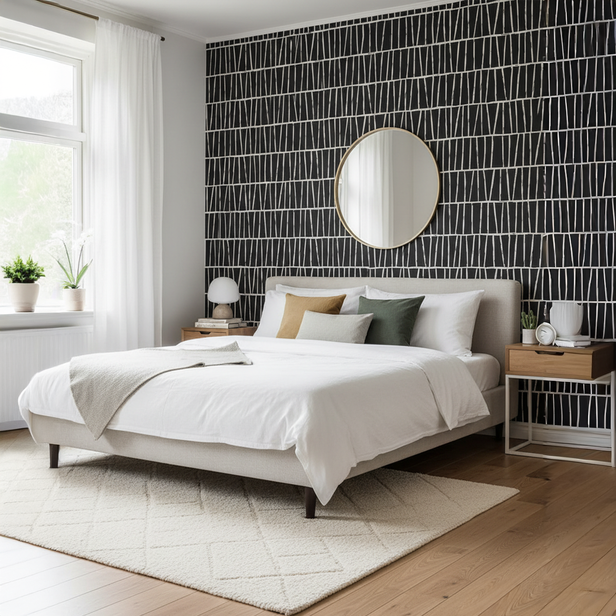 Modern bedroom with a bed, nightstands, and decorative wall pattern.
