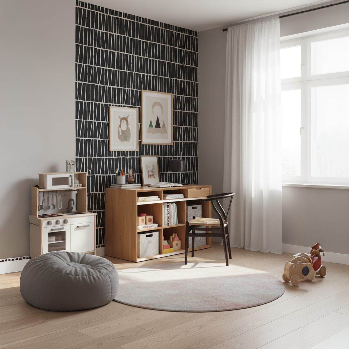 Children's playroom with wooden furniture, toys, and a window.
