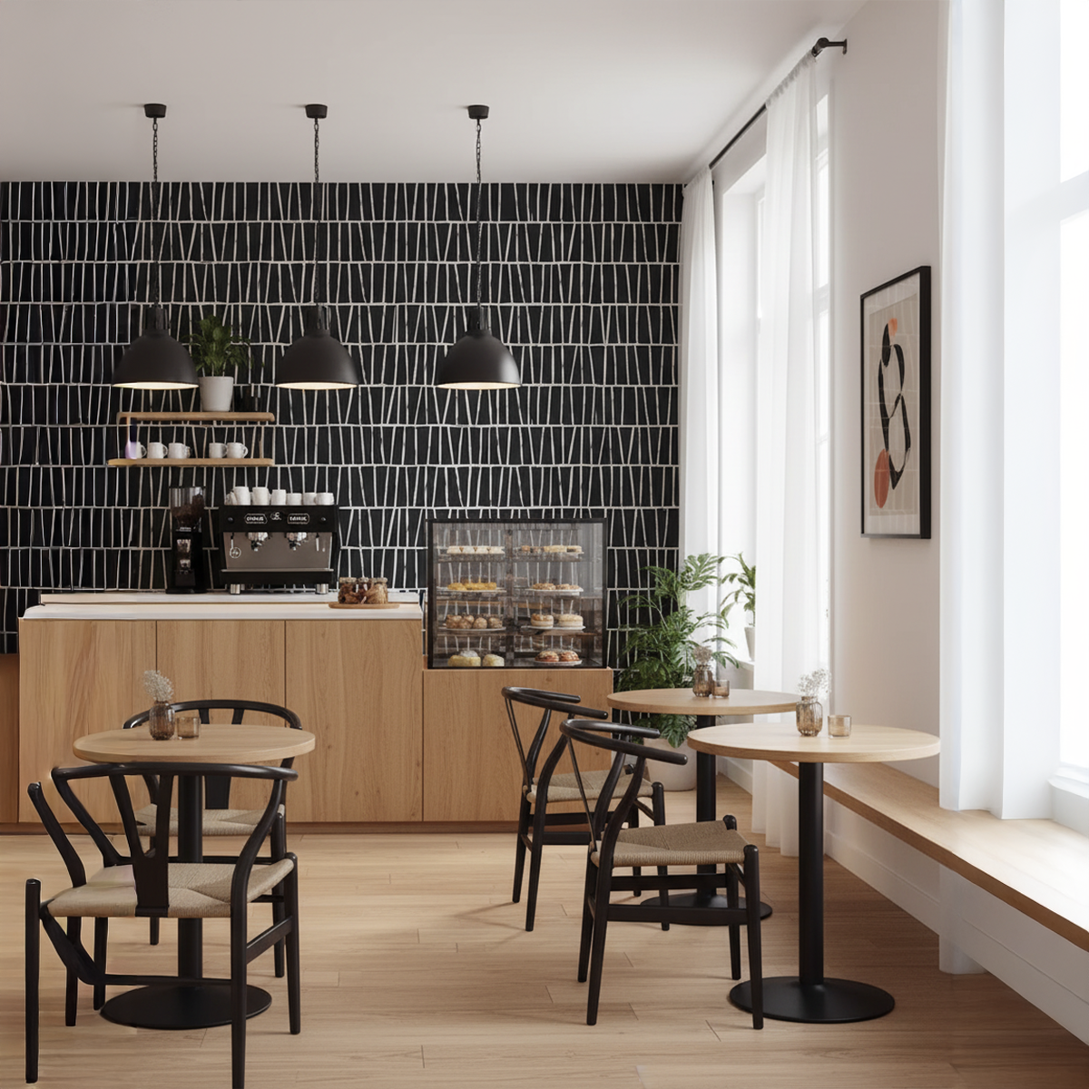 Modern cafe interior with tables, chairs, and a coffee machine.