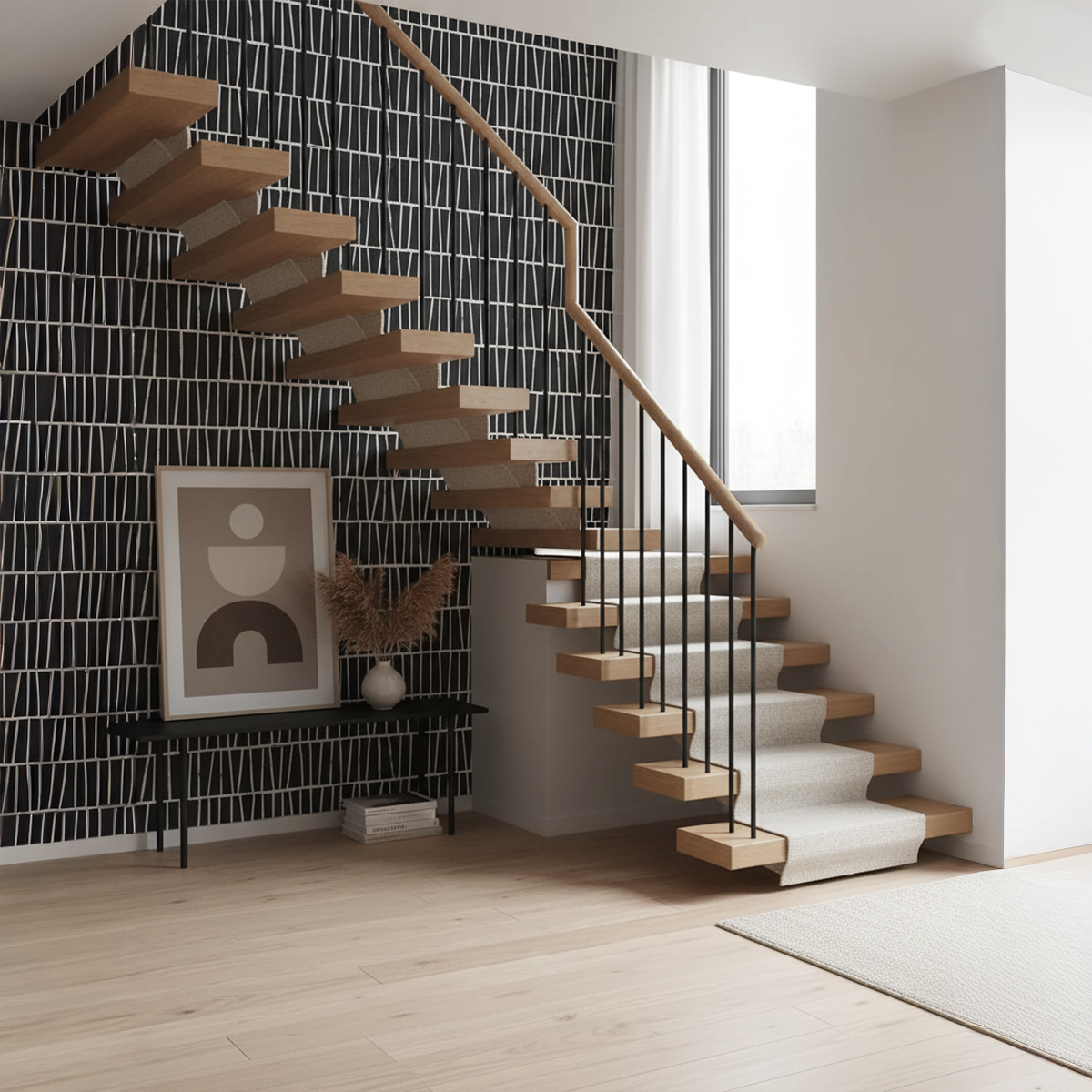 Modern staircase with wooden steps and black and white patterned wall