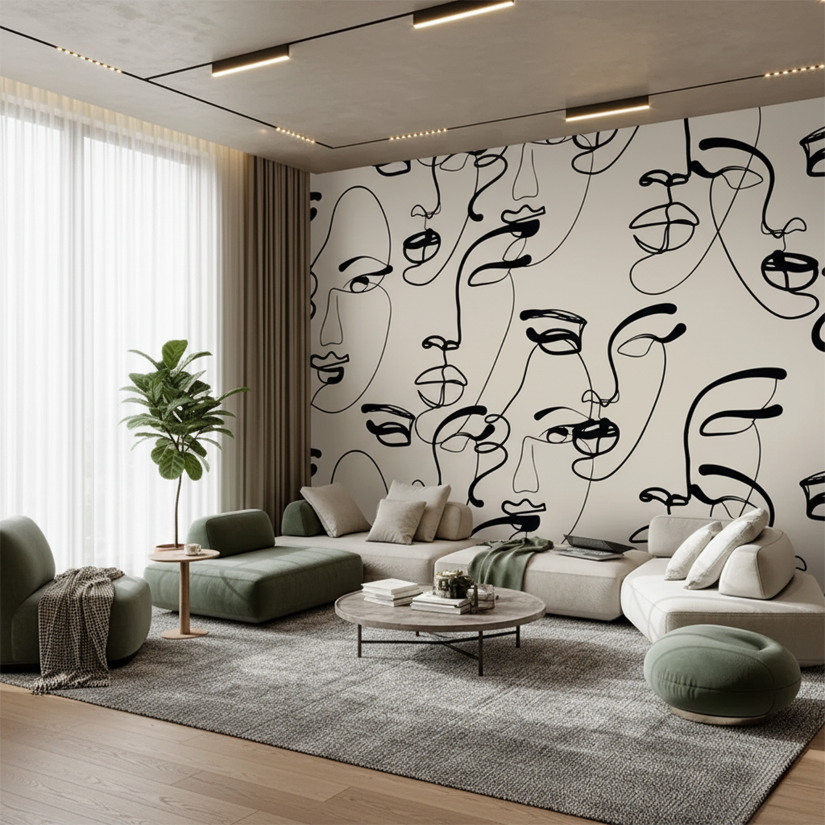 Modern living room with abstract wall paper and green furniture