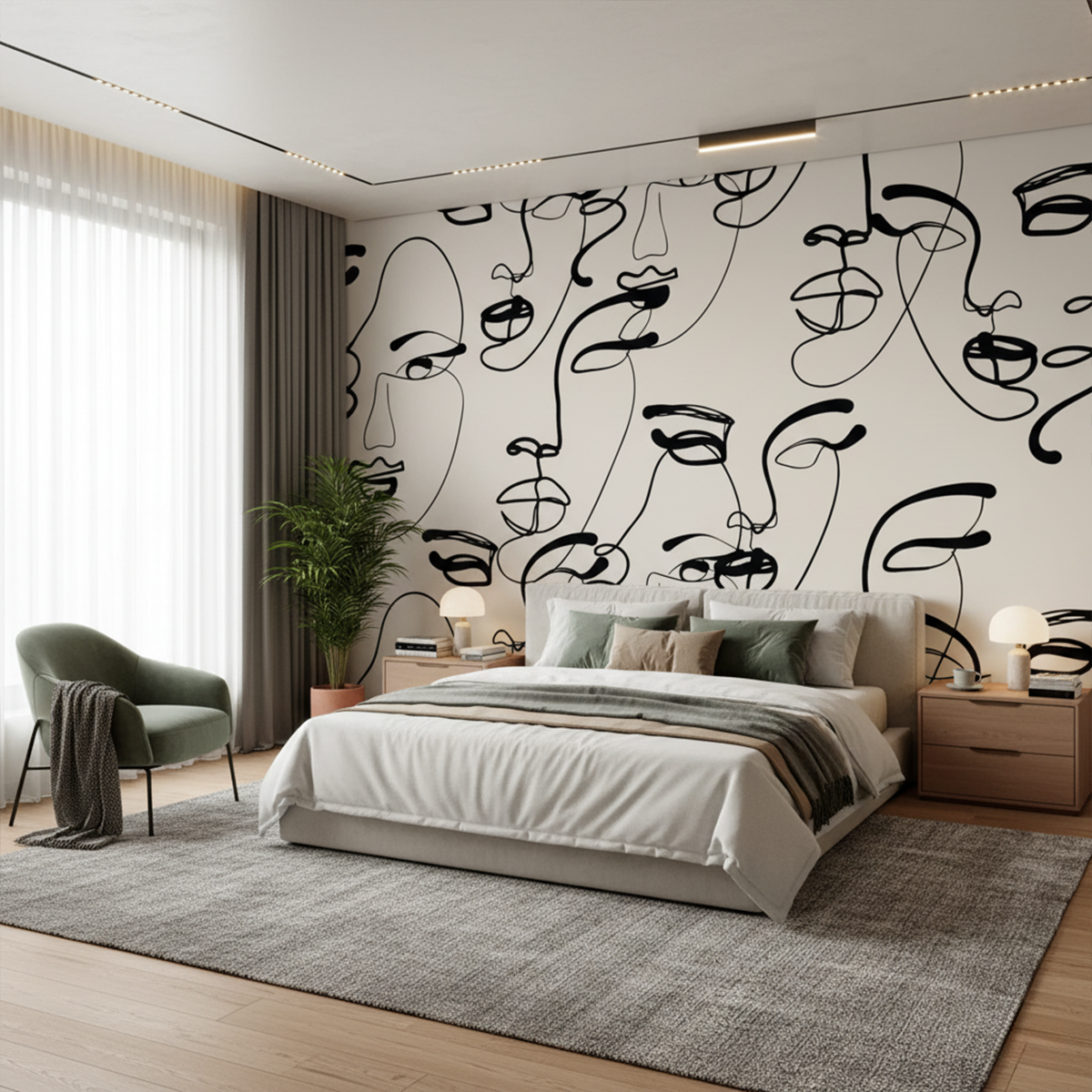 Modern bedroom with abstract wall art and minimal decor