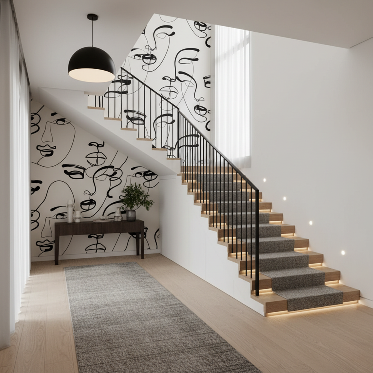 Modern staircase with decorative wallpaper in a stylish interior setting.