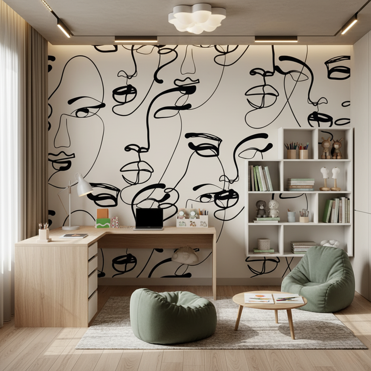 Modern office with abstract wall art and a cozy setup.