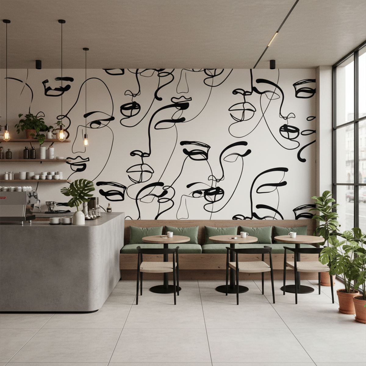 Modern cafe interior with abstract face wall art and tables.