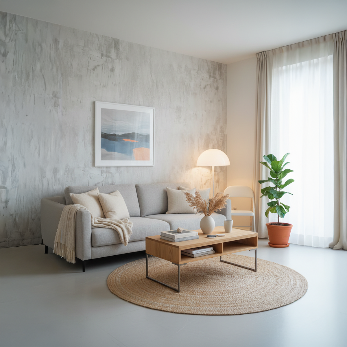 Modern living room with a gray sofa, wooden coffee table, and decorative elements.